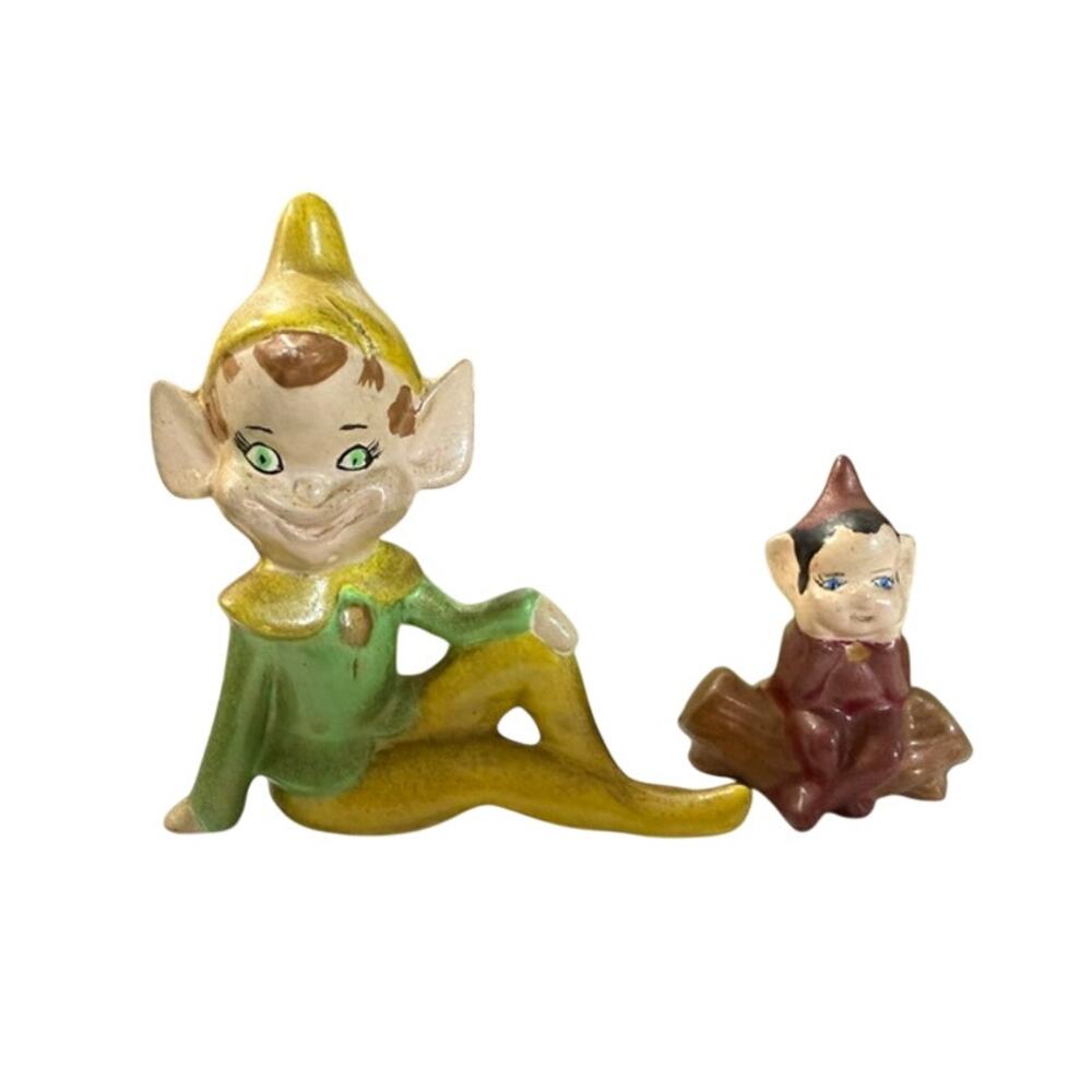 Vintage Pixie Elf Figurines Lot of 2 Mid Century Ceramic Kitsch Japan Style
